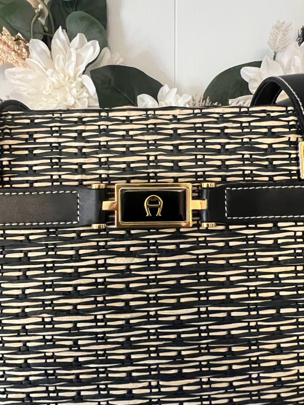 Etienne Aigner Black & Cream Woven Tote with Gold Hardware - Picture 2 of 11